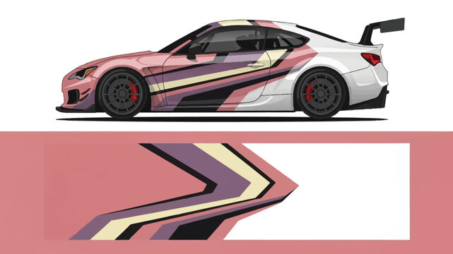 Sleek pink and white racecar with bold decals and dynamic stripes against a pink backdrop.