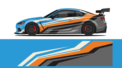 Obraz premium Blue and orange race car with spoiler speeding across a stylized graphic background.
