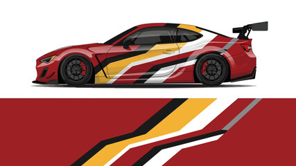 Red race car with bold yellow and white graphic stripes for speed and style. © Lailatul