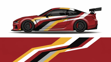 Obraz premium Red racing sports car with bold graphic livery and stripes on a white background.