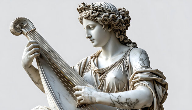 Ancient marble statue of a woman playing a lyre, adorned with a floral wreath, classical art, detailed carving, outdoor setting