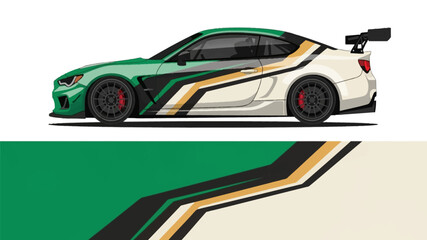 Obraz premium Stylized green and cream race car with racing stripes in a sleek vector illustration.