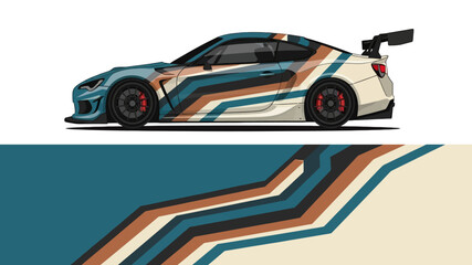 Obraz premium Bold stylized sports car with blue and beige striped livery in motion and dynamic lines.