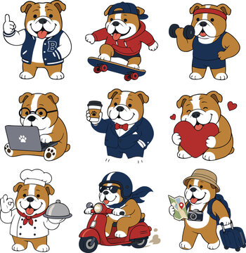 Set of cute bulldog characters in different roles