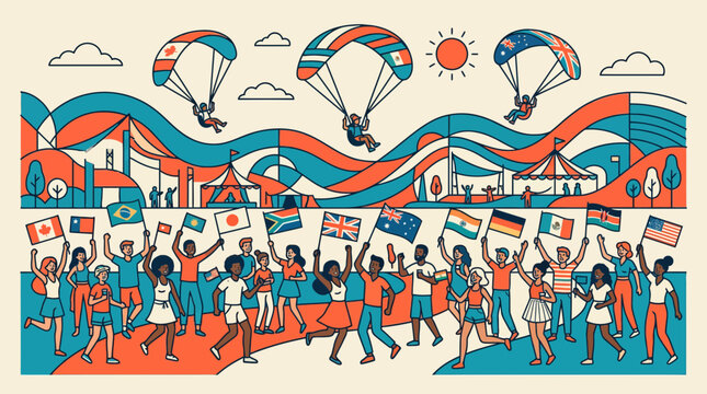 Diverse crowd waving national flags, paratroopers descend on festival background