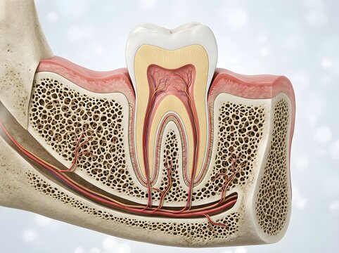 Detailed cross‑section of a tooth root revealing surrounding bone structure in a medical illustration