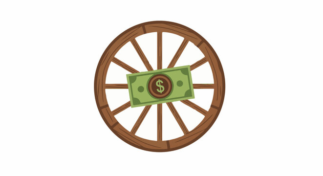 Wooden wagon wheel with green dollar sign center.