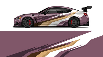 Fototapeta premium Side profile of a sleek purple and gold racing coupe with dynamic stripes.
