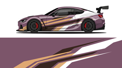Sleek purple sports car with dynamic racing livery and bold stripes illustration. © Lailatul