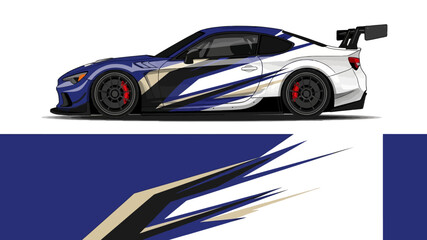 Side profile of a high-speed racecar featuring bold blue and white graphics and aerodynamic branding. © Lailatul