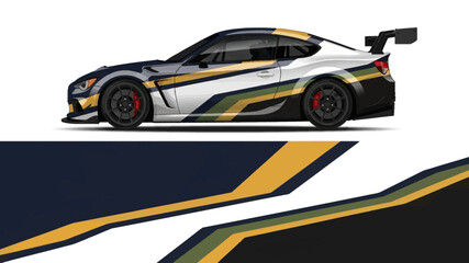 Fototapeta premium Side View of a Sleek Race Car with Bold Gold and Black Stripes.