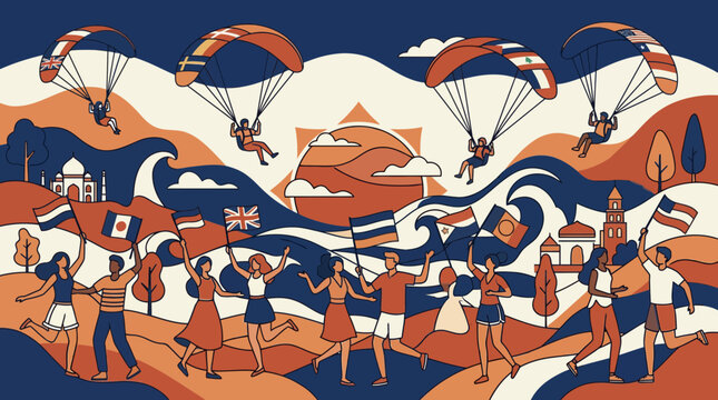 Diverse people celebrating with national flags and paragliders in stylized landscape