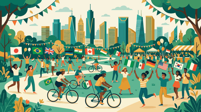 Diverse crowd celebrates at outdoor festival with city skyline and international flags