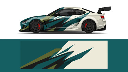 Fototapeta premium Stunning teal and yellow race car with graphic livery on a sleek white coupe.