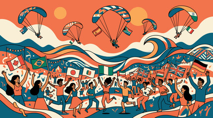 Fototapeta premium Diverse crowd celebrates global unity with flags and paragliders under vibrant sky