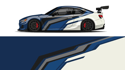 Stylish blue and white race car graphic with dynamic stripes. © Lailatul