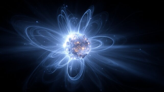 Complex atomic structure with multiple glowing blue orbital paths surrounding a bright textured central energy nucleus.