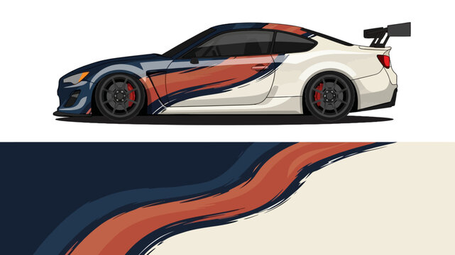 Dynamic illustrated sports car with flowing flame graphics in bold color streaks.