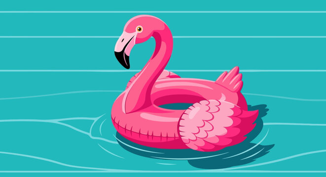 Vibrant pink flamingo inflatable pool float drifting on clear blue swimming pool water during a sunny summer vacation day