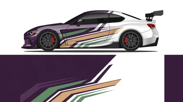 Colorful racing car with bold decals and dynamic striped design.