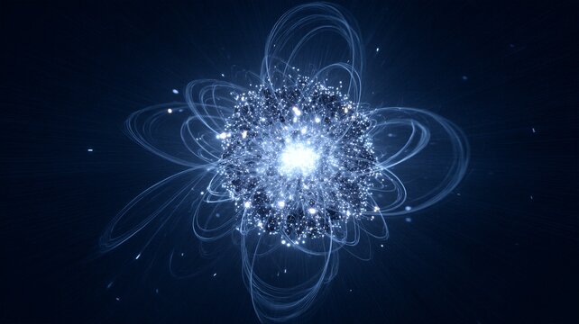 Dynamic quantum particle reaction with dense glowing core and spinning light trails in a dark blue void.