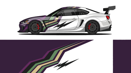 Obraz premium White sports car with colorful racing livery and dynamic decals showcasing sleek design.