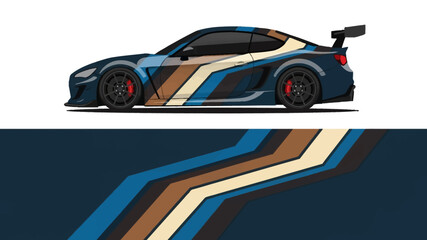 Fototapeta premium Side view of a blue and tan racing car with bold stripes on a track.