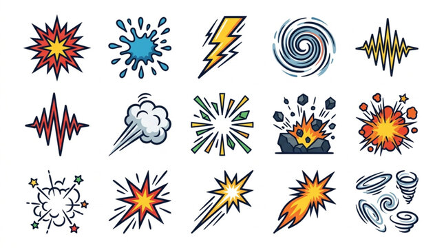 Collection of comic book style explosion and sound effect icons.
