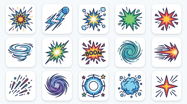 Collection of comic book style explosion and impact effects.
