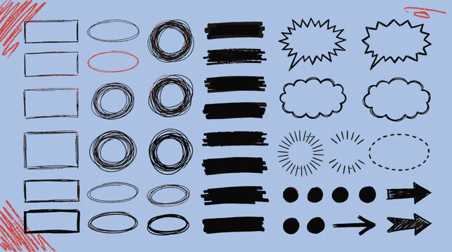 Handdrawn sketch highlight markers speech bubble arrows underlines check marks circles and frames design elements pack for note taking vector illustration
