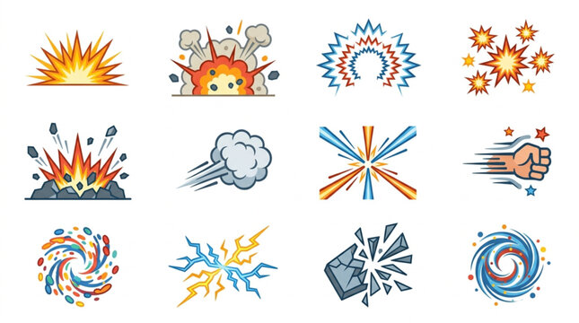 Collection of comic book style explosion and impact effects.