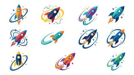 Colorful Retro Rockets Launching into Space, Set of Icons © ati