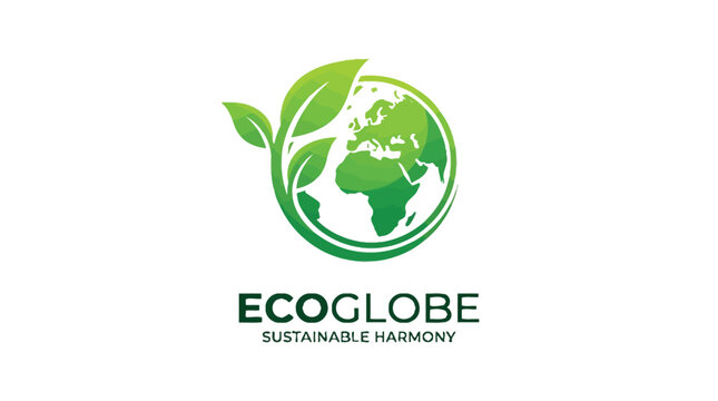 Vibrant green eco globe logo featuring stylized earth continents combined with organic leaves to represent environmental sustainability and global harmony for a clean corporate brand identity isolated