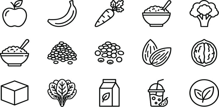 Healthy Food and Nutrition Line Icons Set Featuring Fruits, Vegetables, Grains, Nuts, Plant Based Products, and Organic Lifestyle Symbols