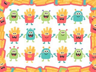 Naklejka premium Cute French Fries Monster Cartoon Seamless Border Pattern Background