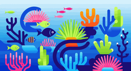 Colorful Underwater Coral Reef Ecosystem Illustration Featuring Tropical Fish and Vibrant Marine Life in a Stylized Ocean Habitat © john