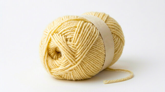 Yellow yarn ball with paper label on white surface knitting needlework