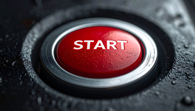 Closeup of a red illuminated start button on a dark textured surface with water droplets, signaling the beginning of a new project or action