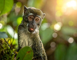 Fototapeta premium Monkey in Forest with Green Foliage.