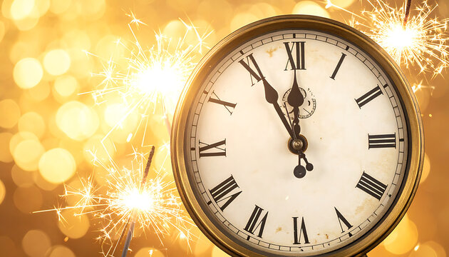 Close up of a vintage clock face with roman numerals showing almost midnight amidst sparkling gold fireworks, celebrating new year