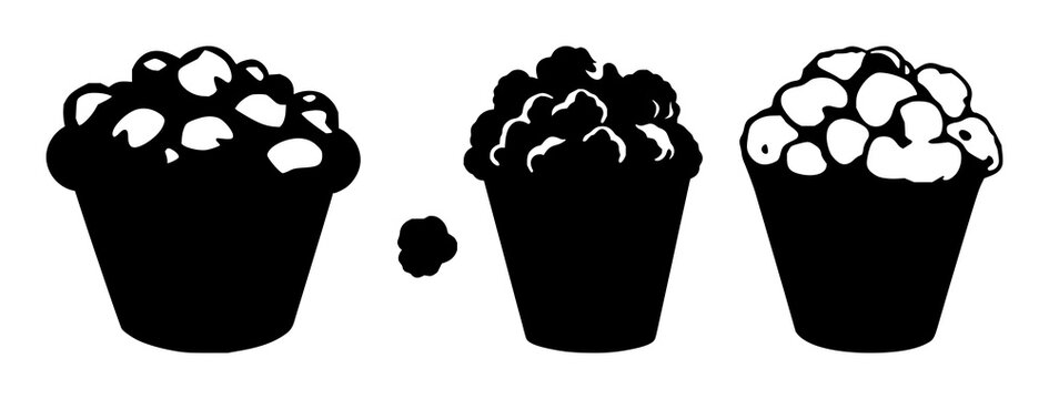 Popcorn kernels set with minimalist black silhouette design featuring cinema, snack, movie with food and entertainment