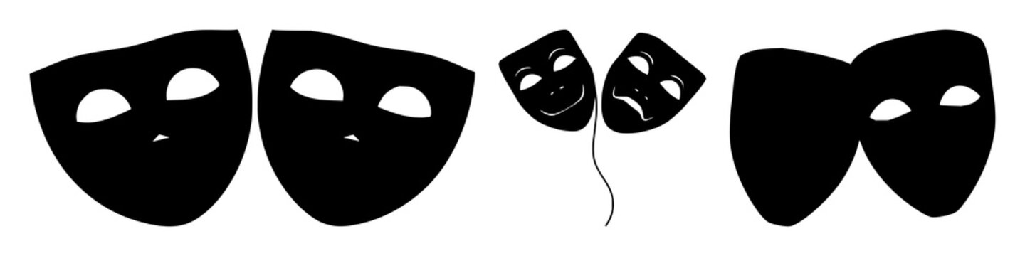 Drama masks set with black silhouettes and stylized features featuring comedy, tragedy, acting with performance and theater