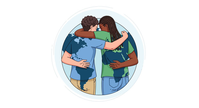 Global unity and understanding illustrated with diverse individuals embracing the Earth with warmth and connection