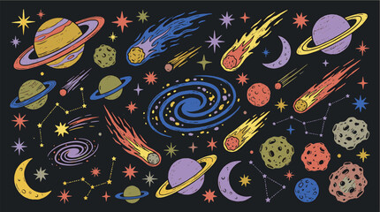 Hand drawn outer space doodles set with colorful planets comets stars meteors asteroids constellations and spiral galaxy vector illustration © Abul