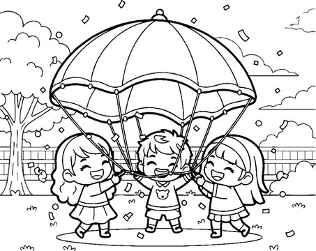 Three children happily sharing a parachute together outdoors.