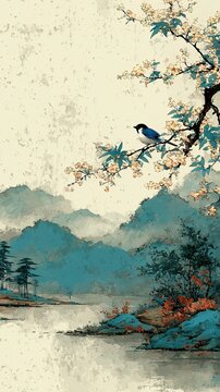 Classical Ink Wash Nature Scene with Pine Trees, Water, Mountains, and Bird Illustration