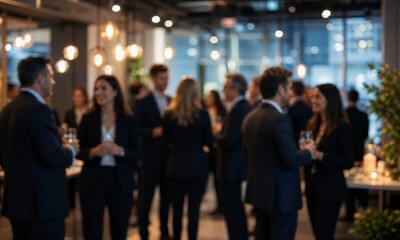 Fototapeta premium Blurred image of business people mingling and socializing at an evening networking event with ambient lighting.