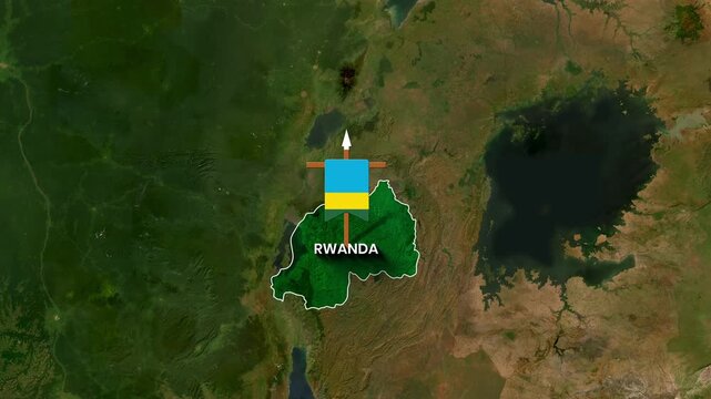 Animated map footage showing the outline of Rwanda, filled with its national flag waving motion
