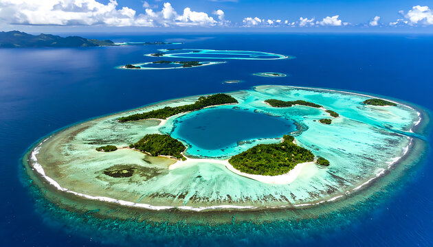 Aerial view of tropical islands and turquoise water, lush green vegetation on small atolls with coral reefs, bright sunny day, paradise vacation destination