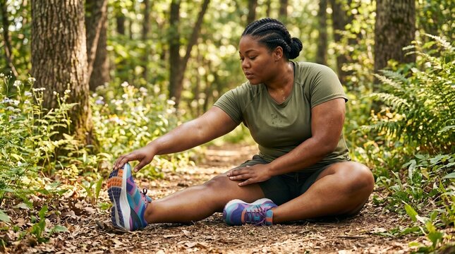 Mulher fazendo alongamento de perna sentada na floresta